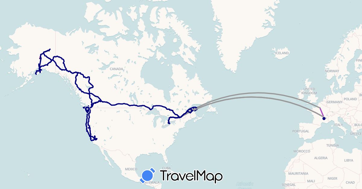 TravelMap itinerary: driving, plane, train, hiking in Canada, France, United States (Europe, North America)